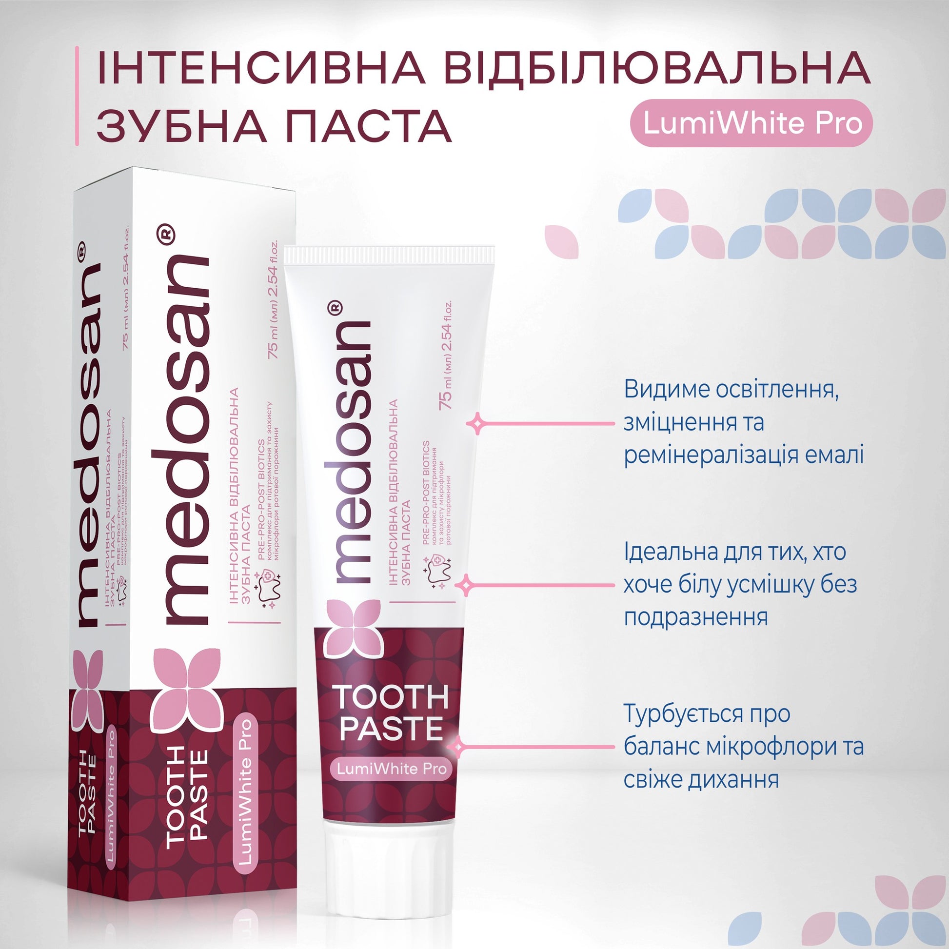 Интенсивная отбеливающая зубная паста LumiWhite Pro Medosan 75 мл