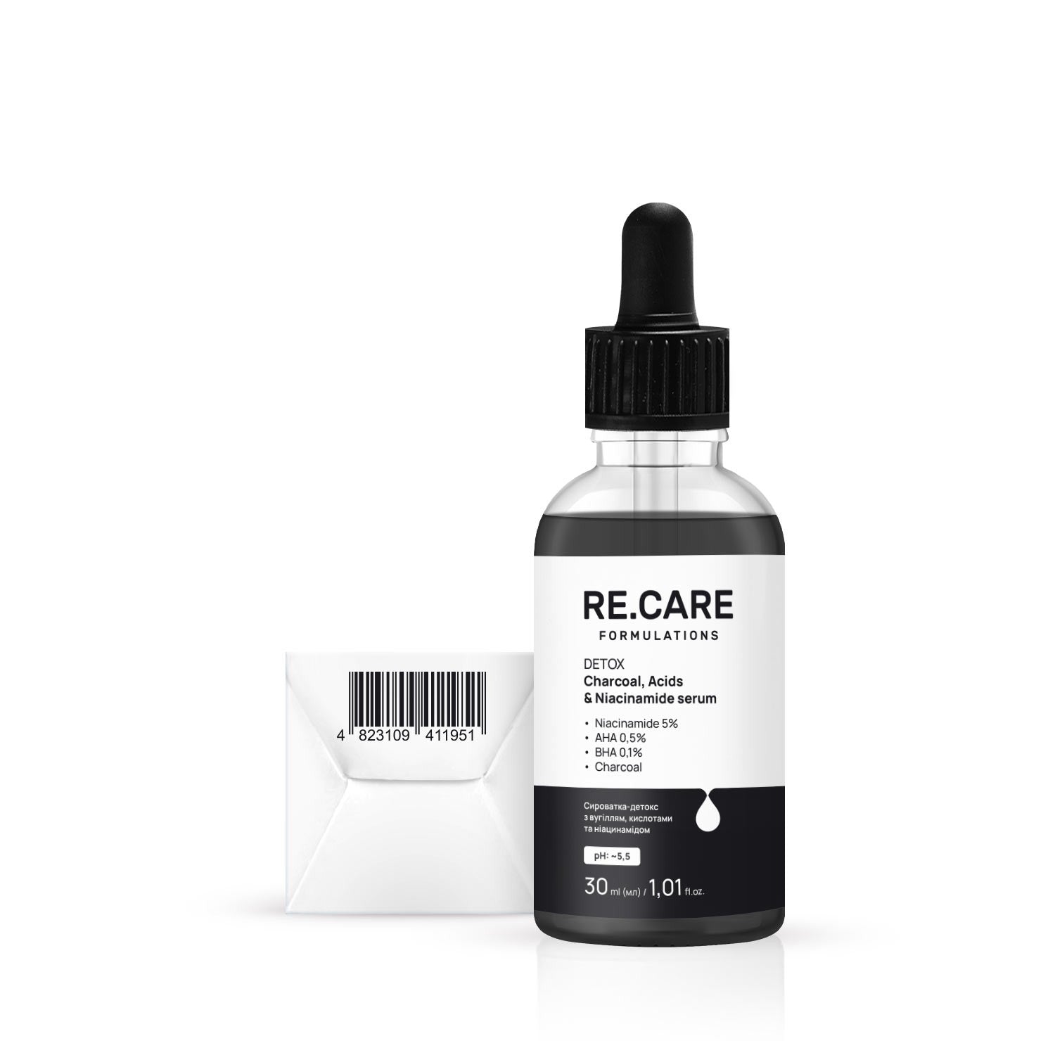 Сыворотка-детокс с углем, кислотами и ниацинамидом Detox Charcoal, Acids & Niacinamide Serum RECARE 30 мл