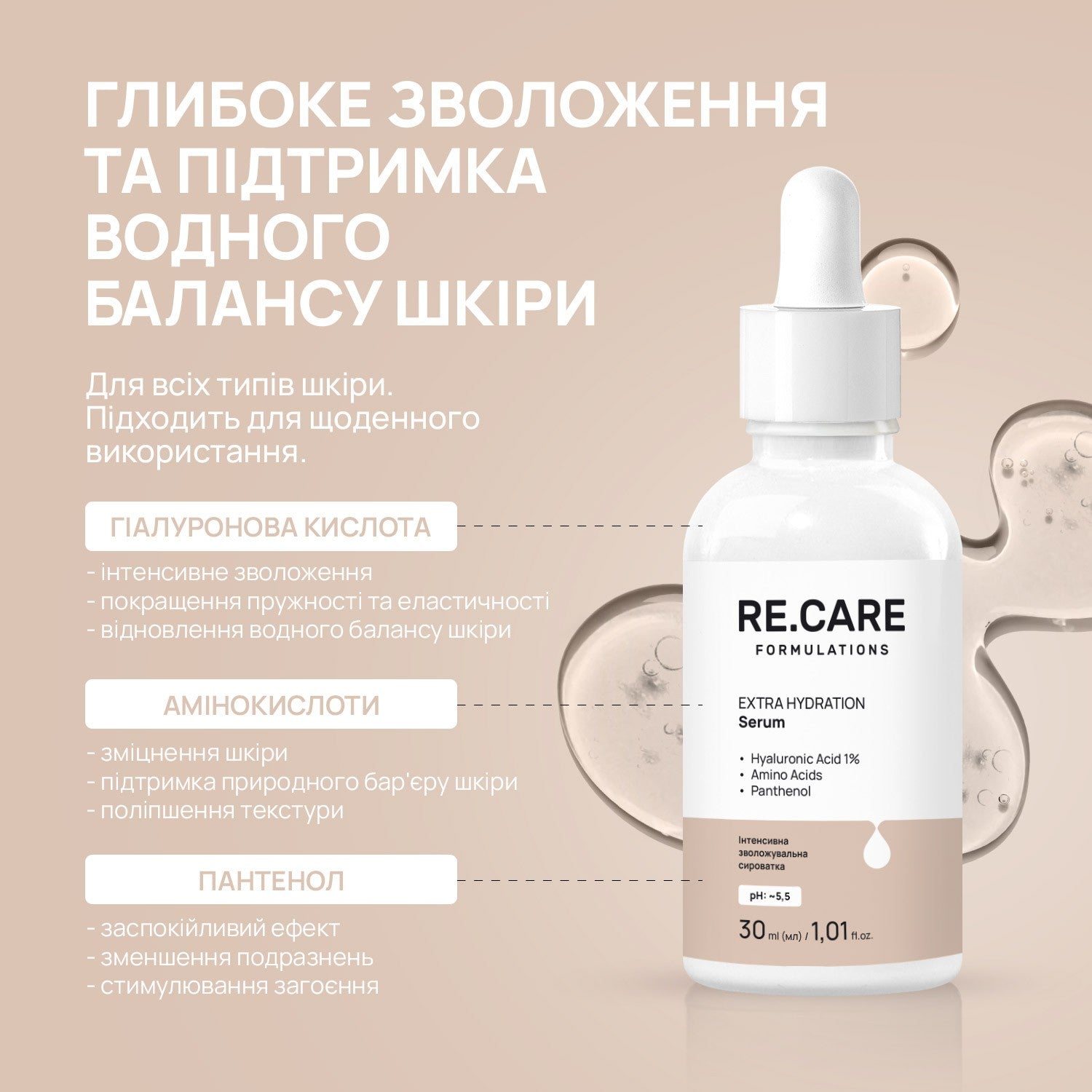 Интенсивная увлажняющая сыворотка Extra Hydration Serum RECARE 30 мл