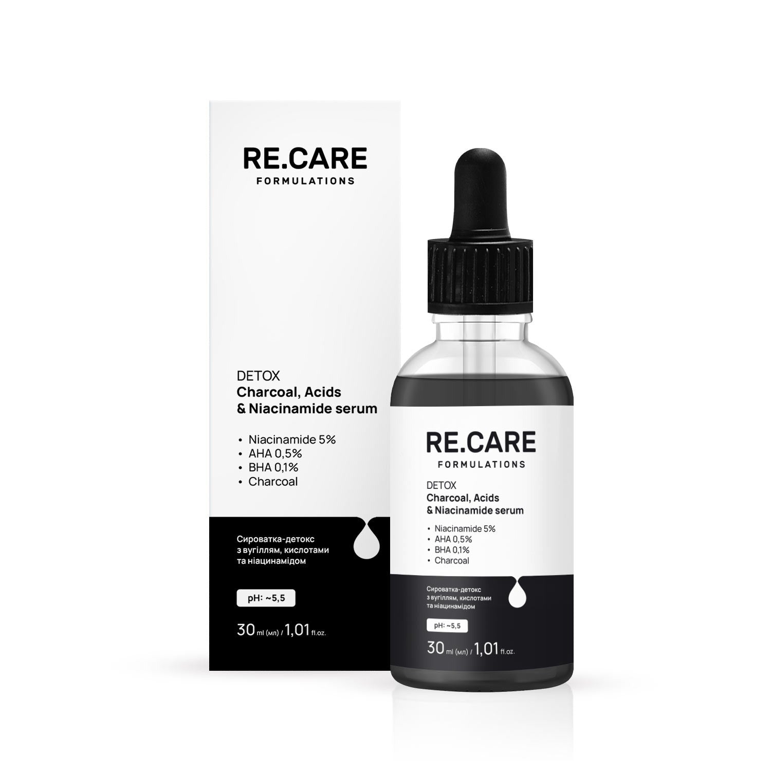 Сыворотка-детокс с углем, кислотами и ниацинамидом Detox Charcoal, Acids & Niacinamide Serum RECARE 30 мл